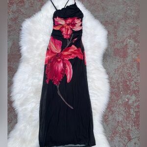 Elegant Black and Red Floral Dress
